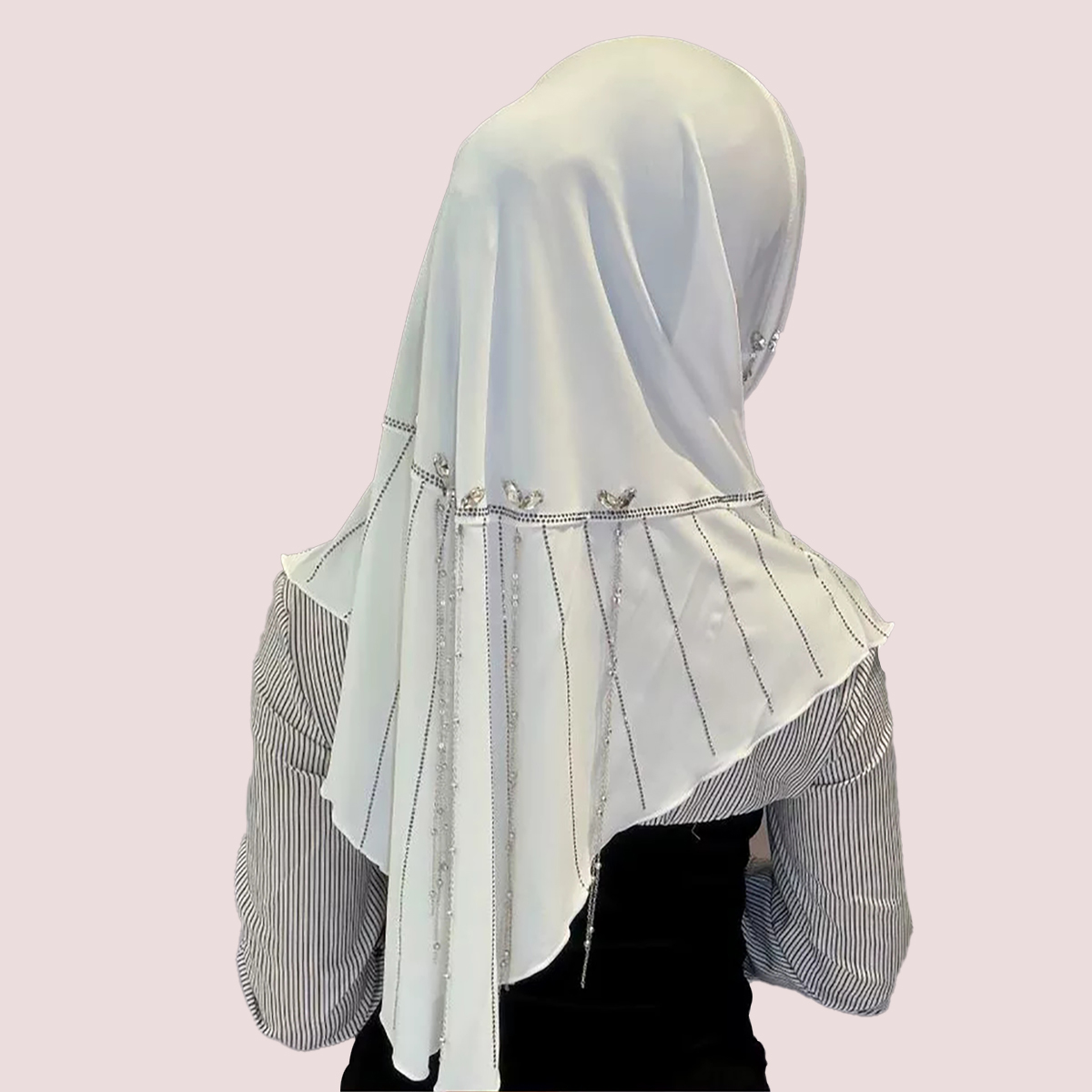 Cream White Hijab Back View, Meteor Pendant Soft Brim Headscarf