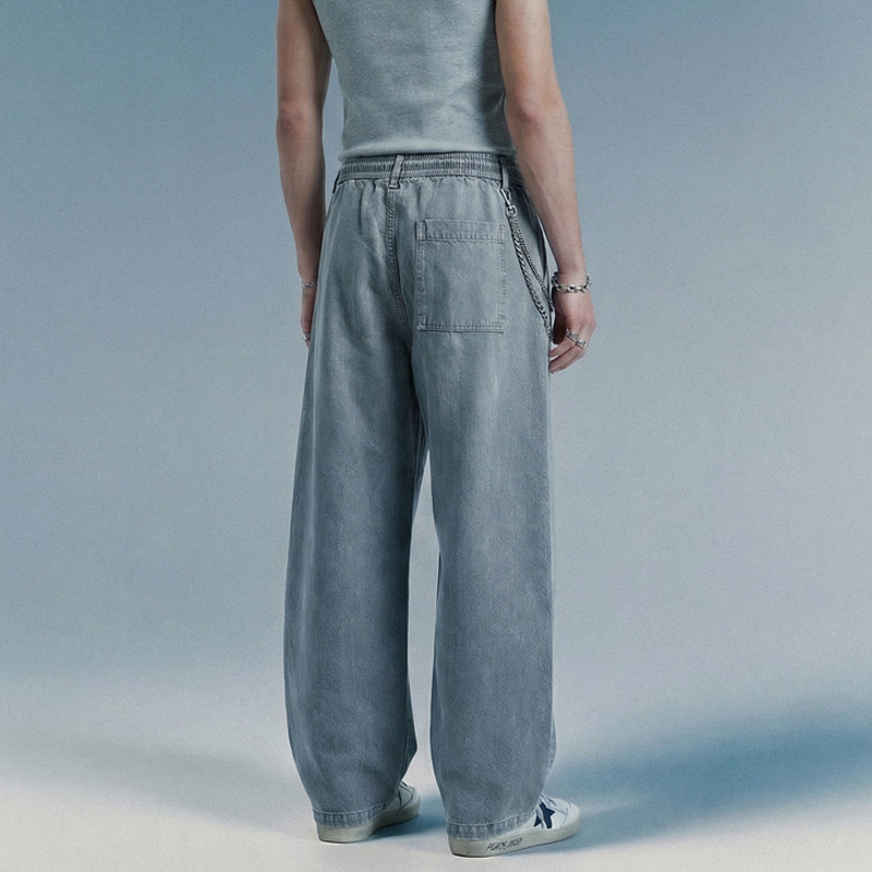 Gray Wide Leg Casual Pants - Back View on Model