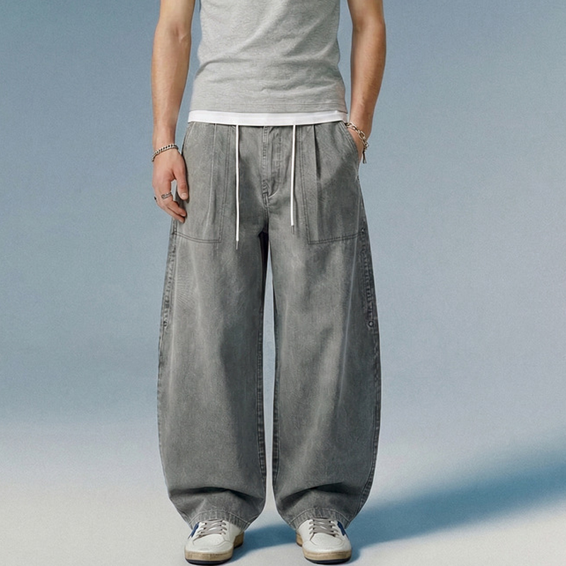 Gray Washed Wide Leg Casual Pants on Male Model