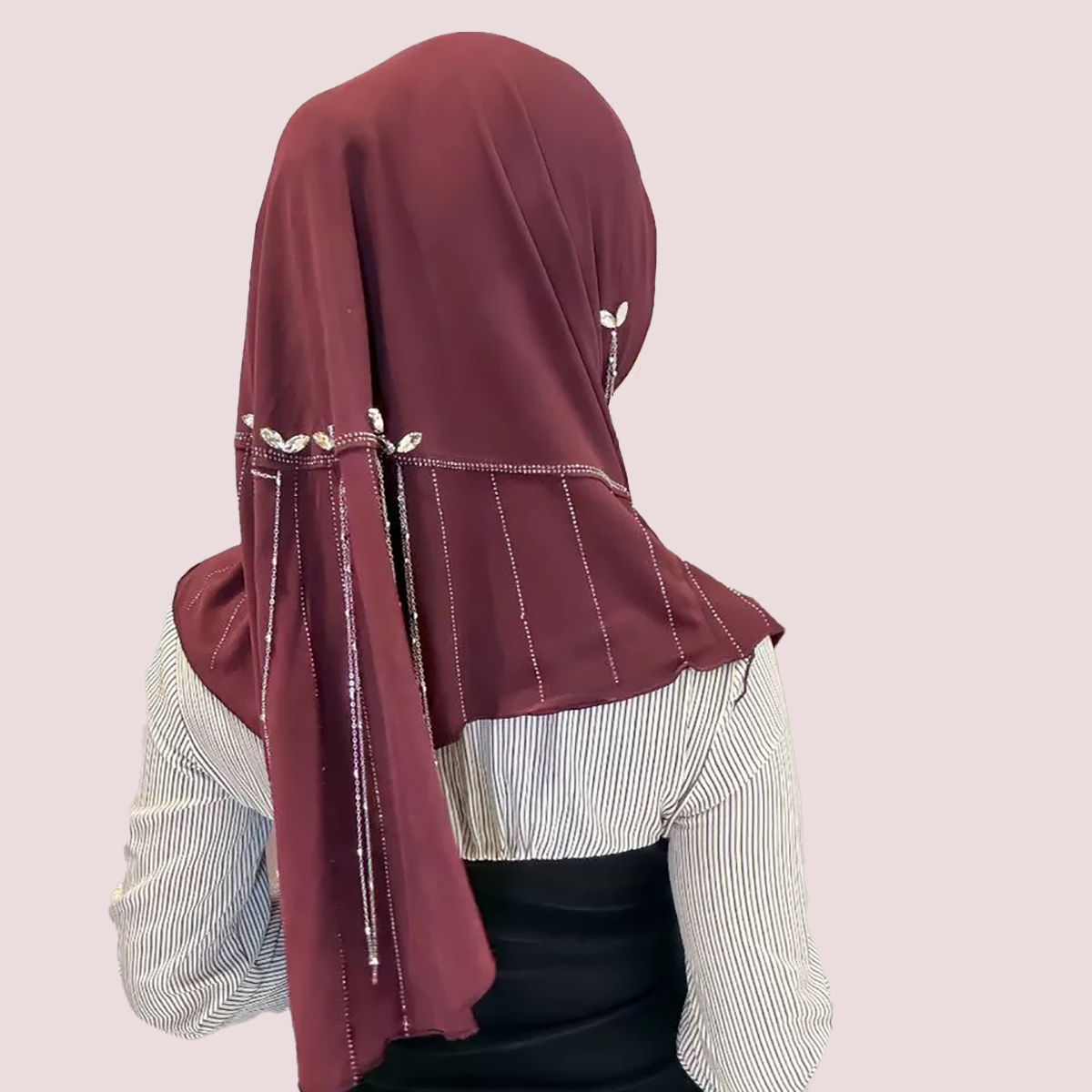 Burgundy Hijab Back View, Meteor Pendant Soft Brim Headscarf
