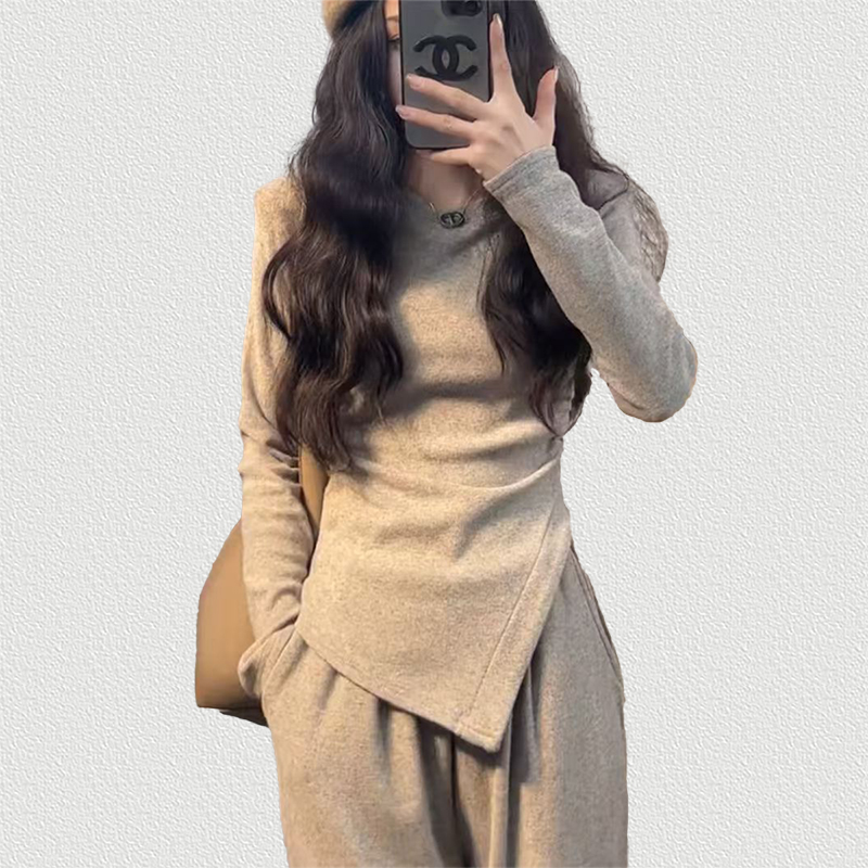 Irregular Hem Top, Oatmeal Color, Slim Fit Long Sleeve Top