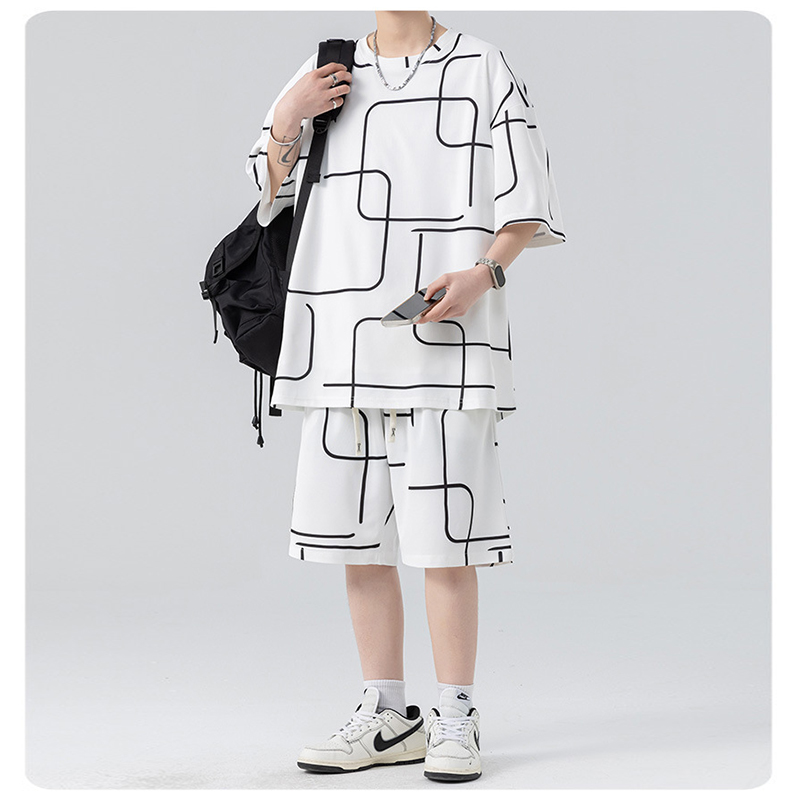 White Ice Silk Printed Sports 2 Piece Set For Men