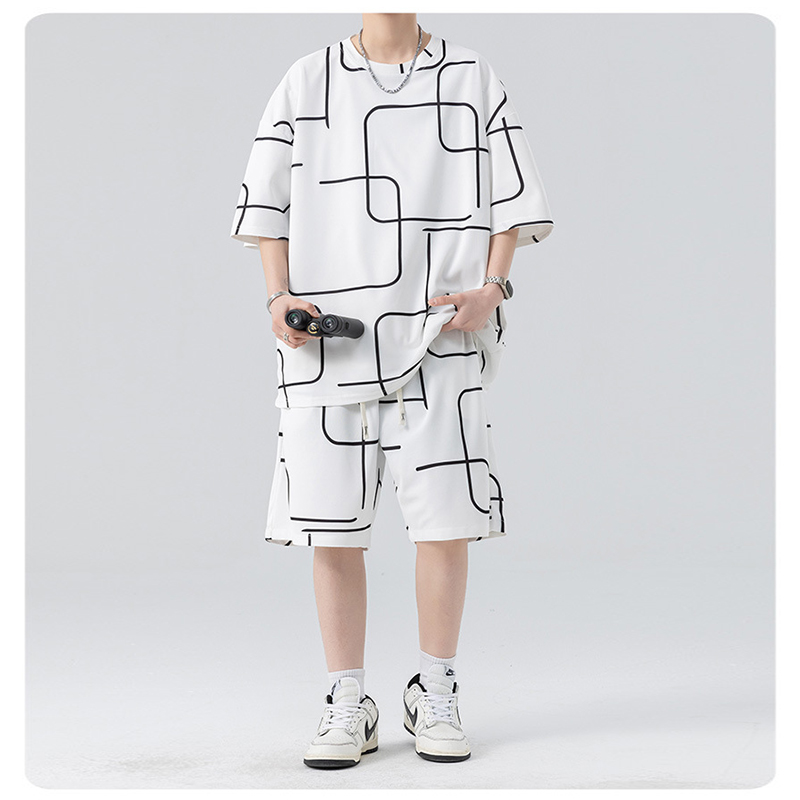 White Ice Silk Printed Sports 2 Piece Set For Men