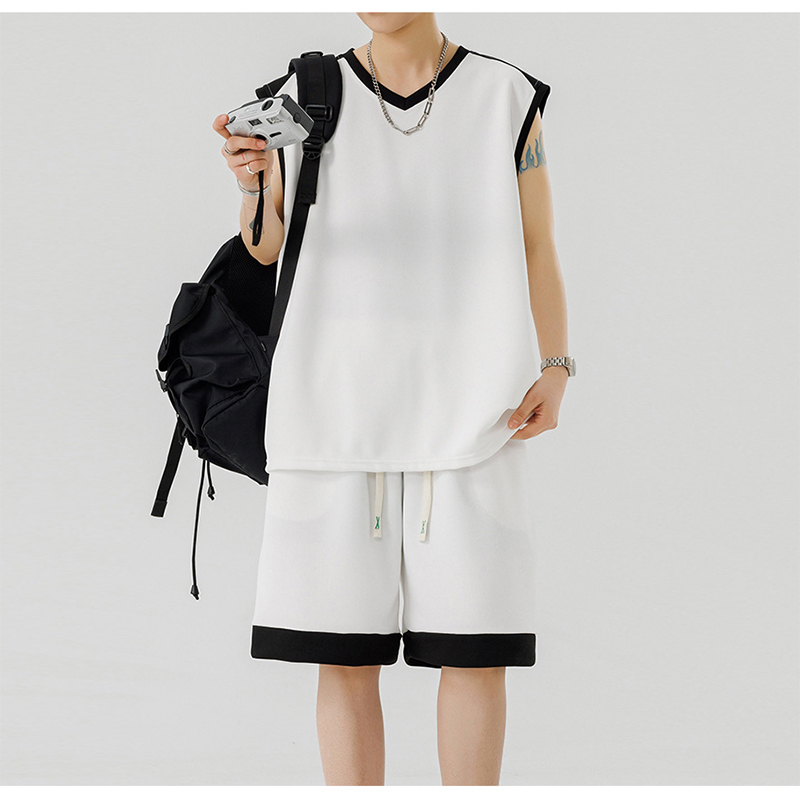 White Men Ice Silk Tank Top Shorts Set For Teens