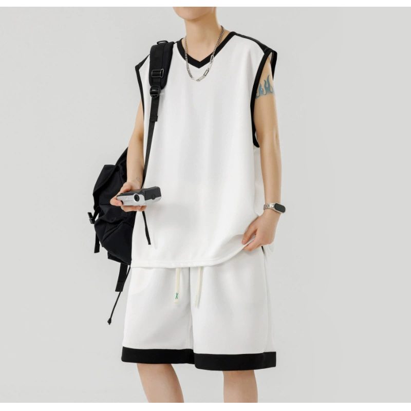 White Men Ice Silk Tank Top Shorts Set For Teens