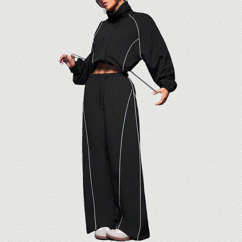 Black Color Block Drawstring Tracksuit Set