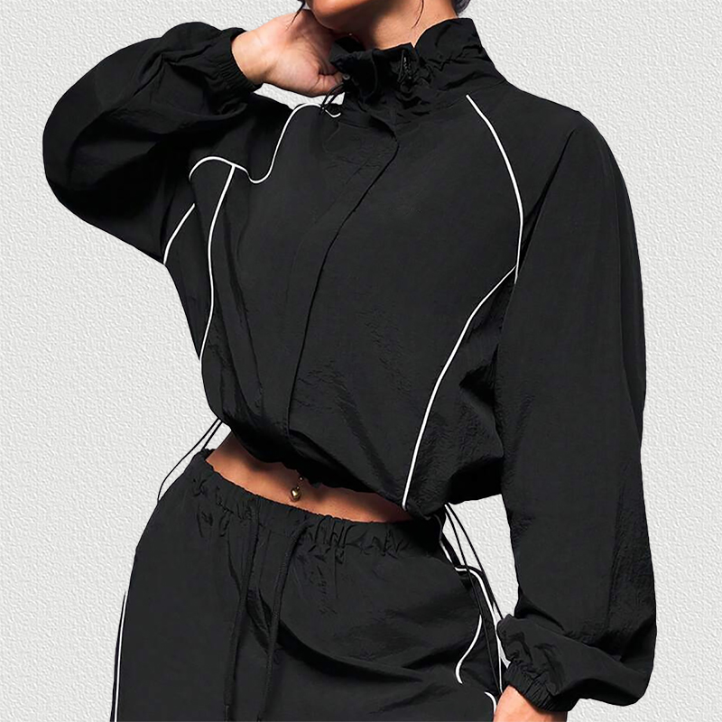 Black Color Block Drawstring Tracksuit Set