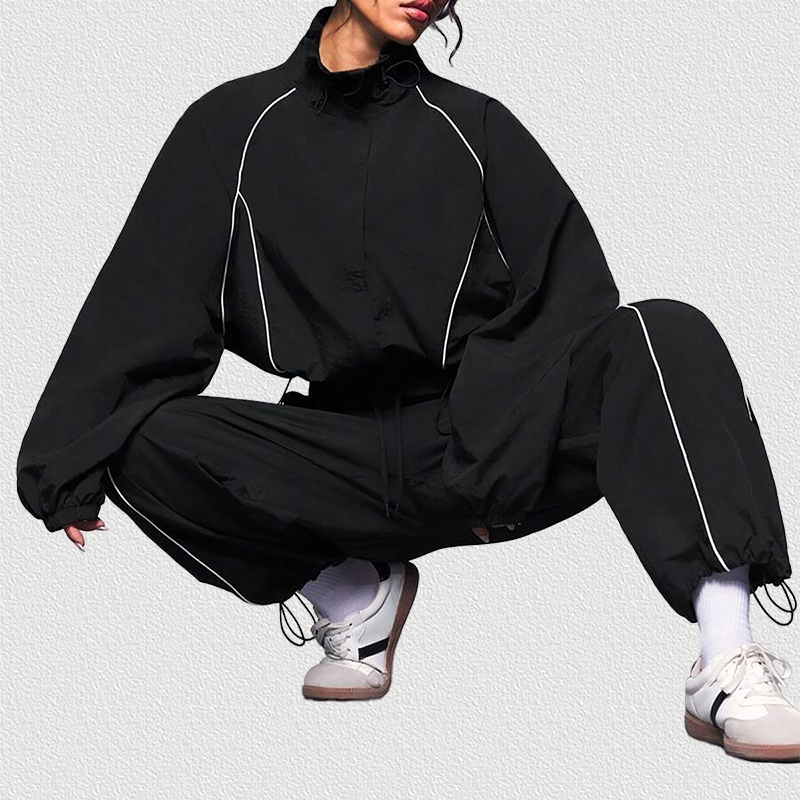 Black Color Block Drawstring Tracksuit Set