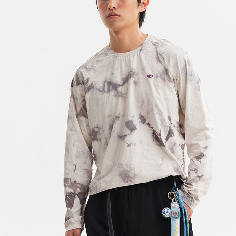Men's gray tie-dye long sleeve t-shirt on model