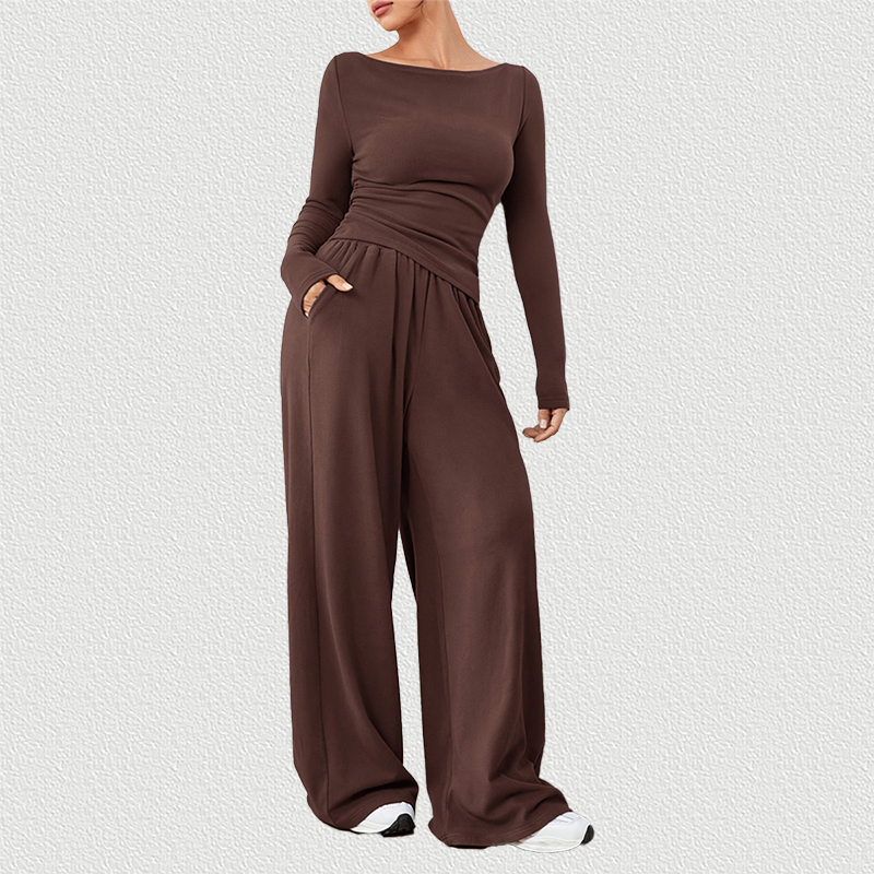 Brown Women Loose Wide Leg Pants 2-Piece Set