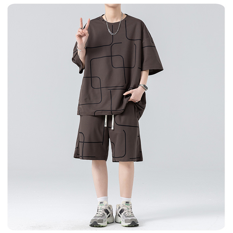 Brown Ice Silk Men Printed Tracksuit Set