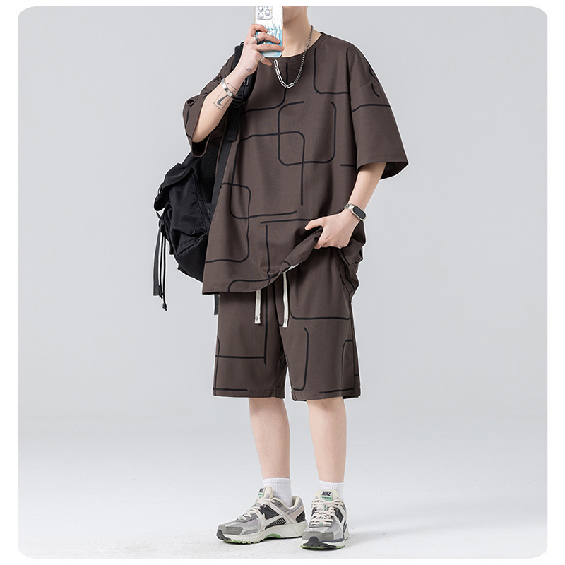 Brown Ice Silk Men Printed Tracksuit Set