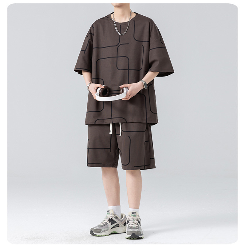 Brown Ice Silk Men Printed Tracksuit Set
