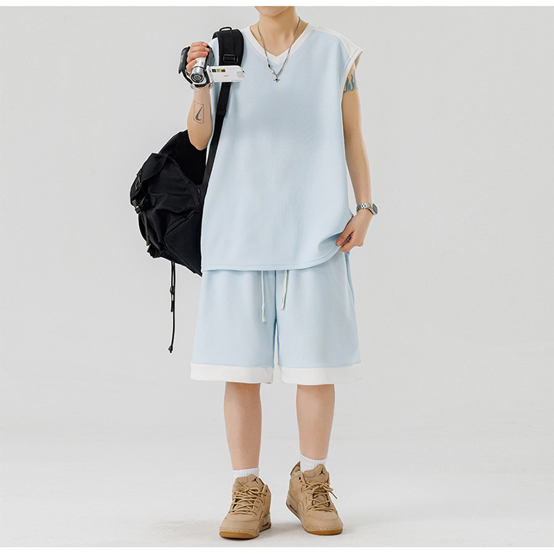Light Blue Ice Silk Tank Shorts Set For Teens