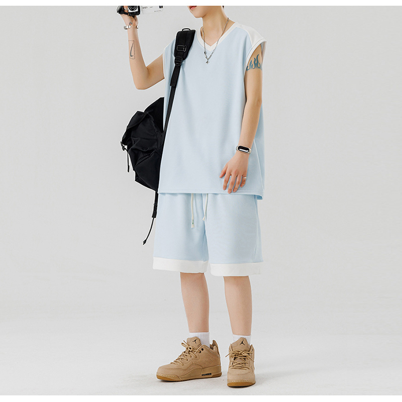 Light Blue Ice Silk Tank Shorts Set For Teens