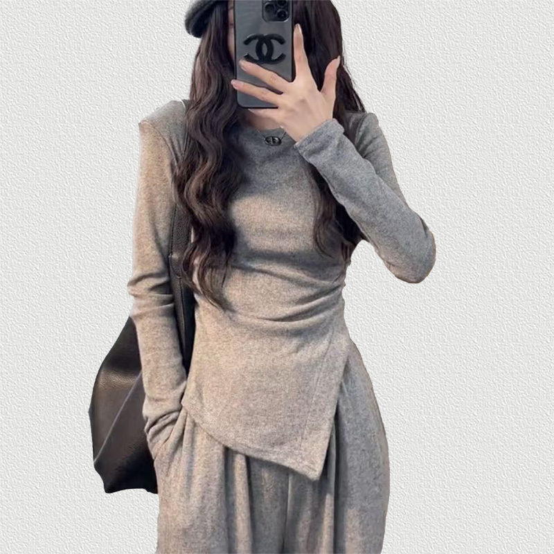 Gray Irregular Hem Top, Slim Fit Long Sleeve Top