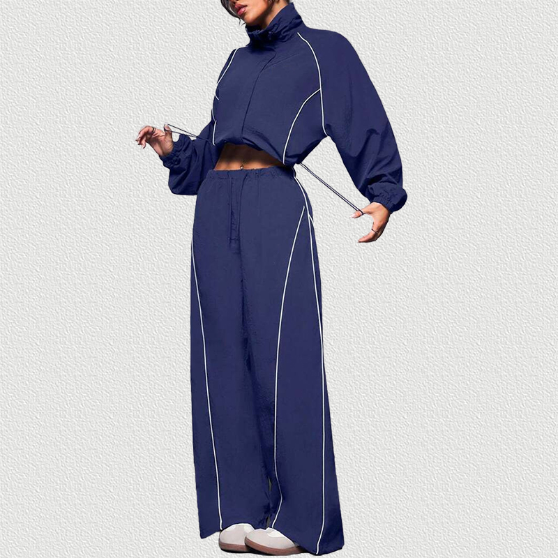 Blue Color Block Drawstring Tracksuit Set