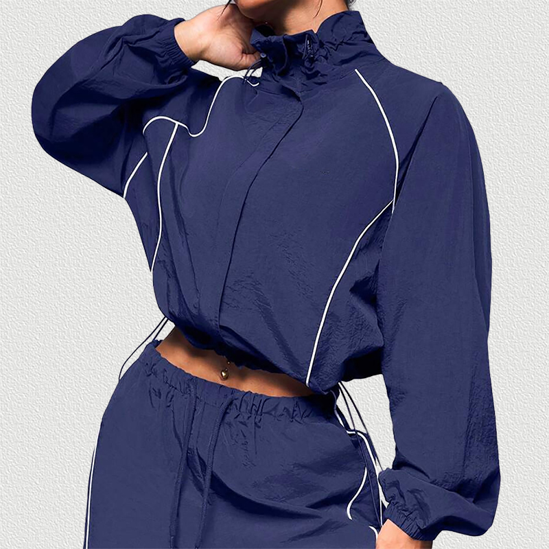 Blue Color Block Drawstring Tracksuit Set