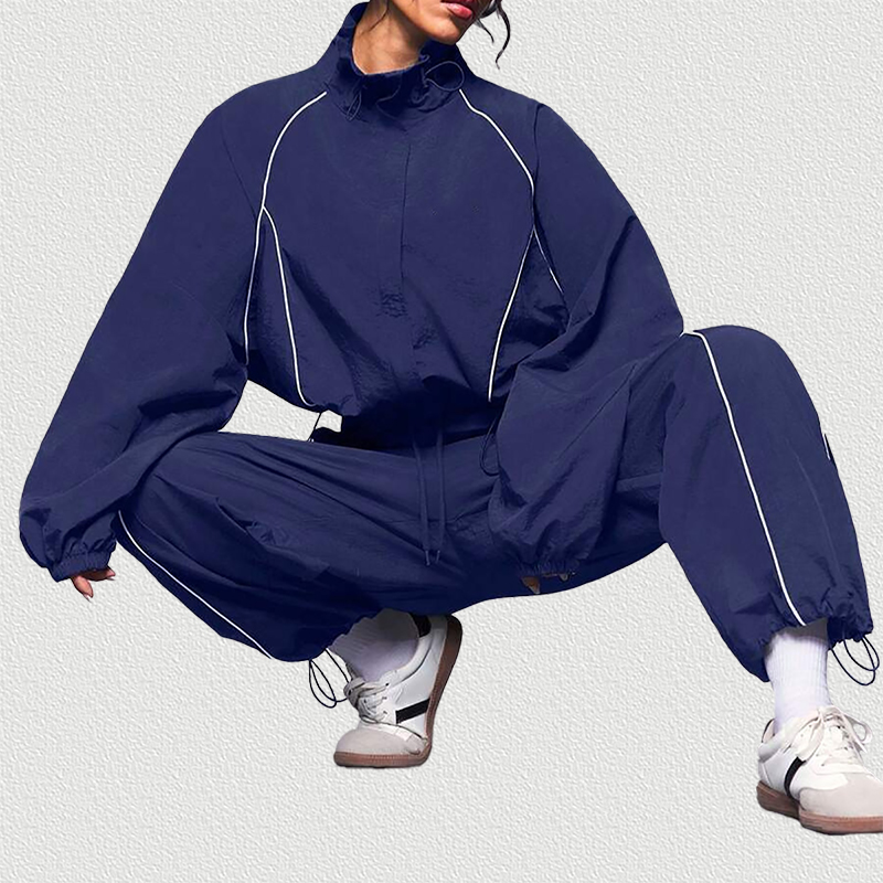 Blue Color Block Drawstring Tracksuit Set