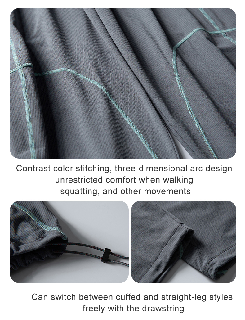 Gray pants, contrast stitch, drawstring cuffs