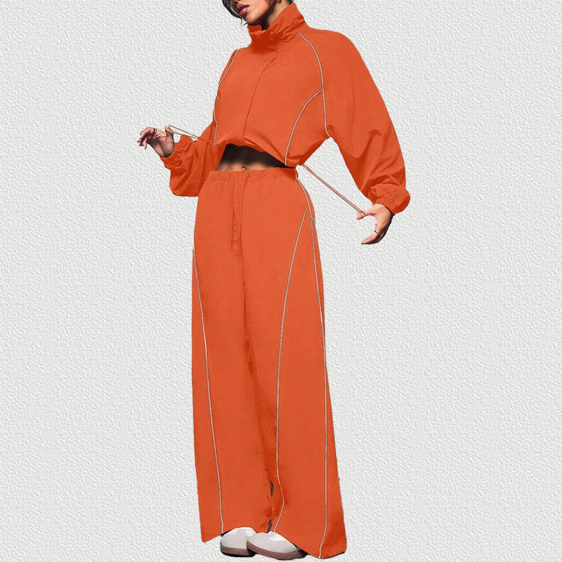 Orange Red Color Block Drawstring Tracksuit Set