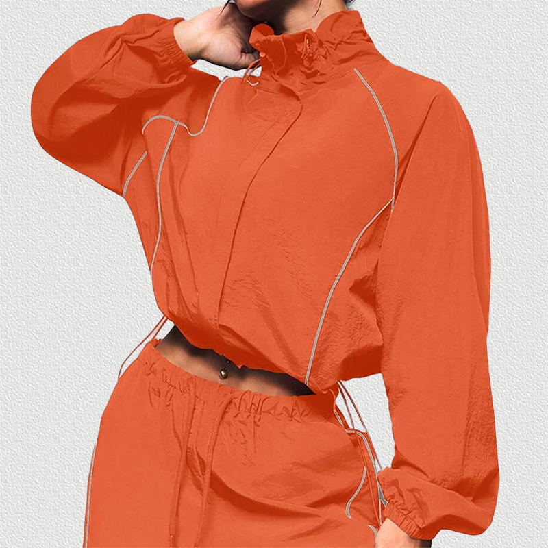 Orange Red Color Block Drawstring Tracksuit Set