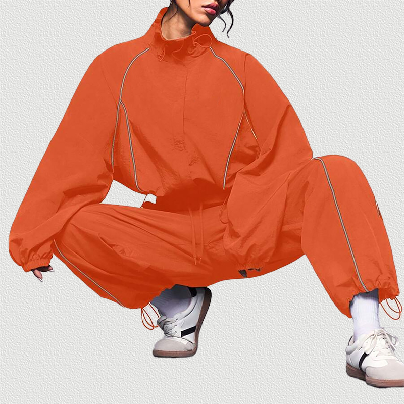 Orange Red Color Block Drawstring Tracksuit Set