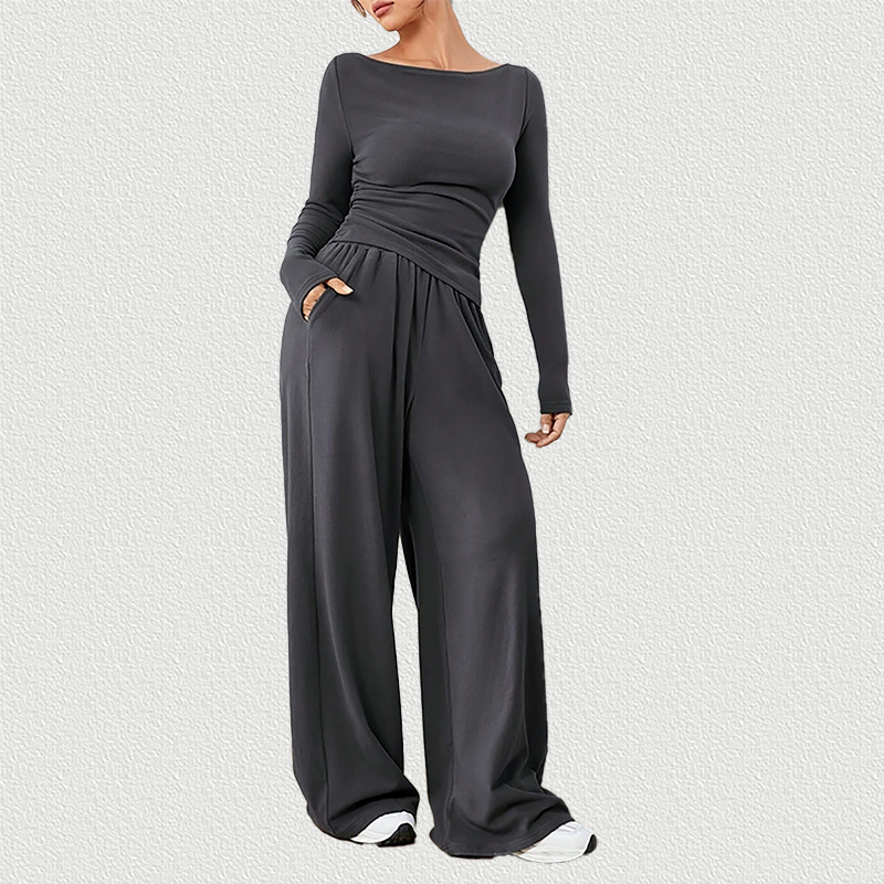 Dark Gray Women Loose Wide Leg Pants 2-Piece Set