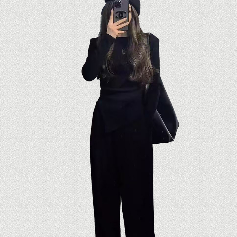 Black Irregular Hem Top, Slim Fit Long Sleeve Top