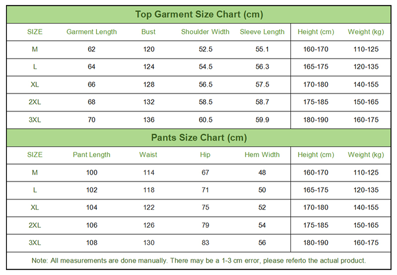 Couple Tracksuit Size Chart Measurement Table