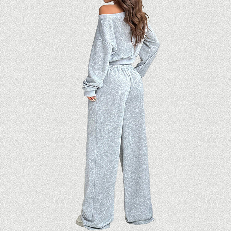 Off‑Shoulder Fleece Set Light Gray Back View