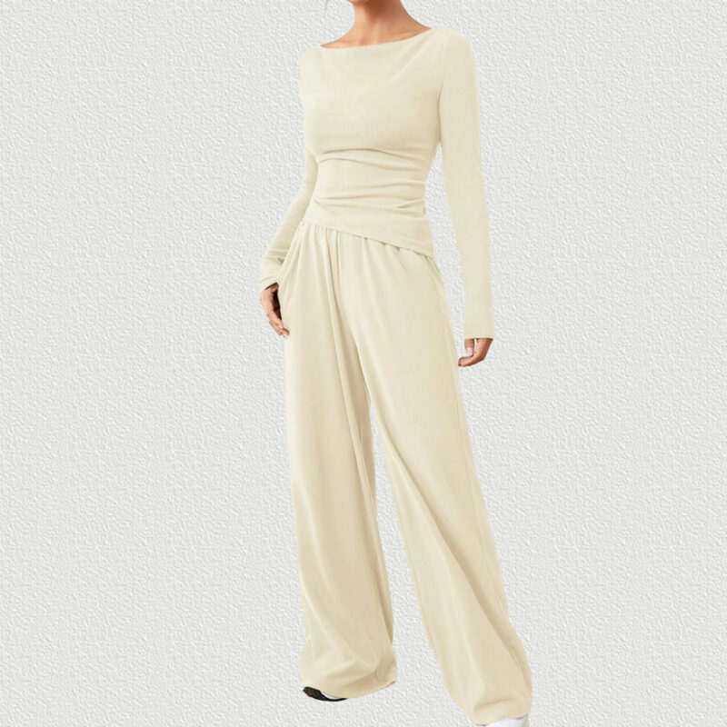 Ivory White Women Loose Wide Leg Pants 2-Piece Set
