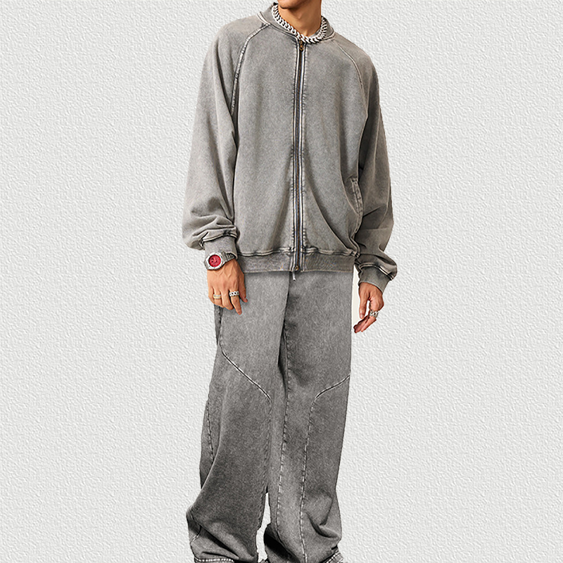Vintage Washed Gray Baseball Jacket Set, Tracksuit