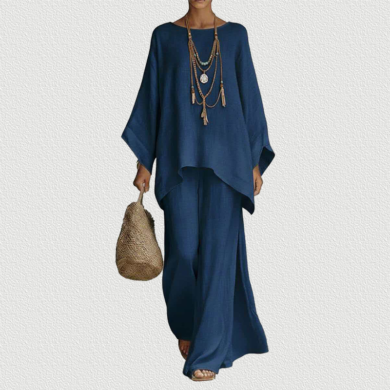 Navy Linen Blend Shirt & Wide Leg Pants Set