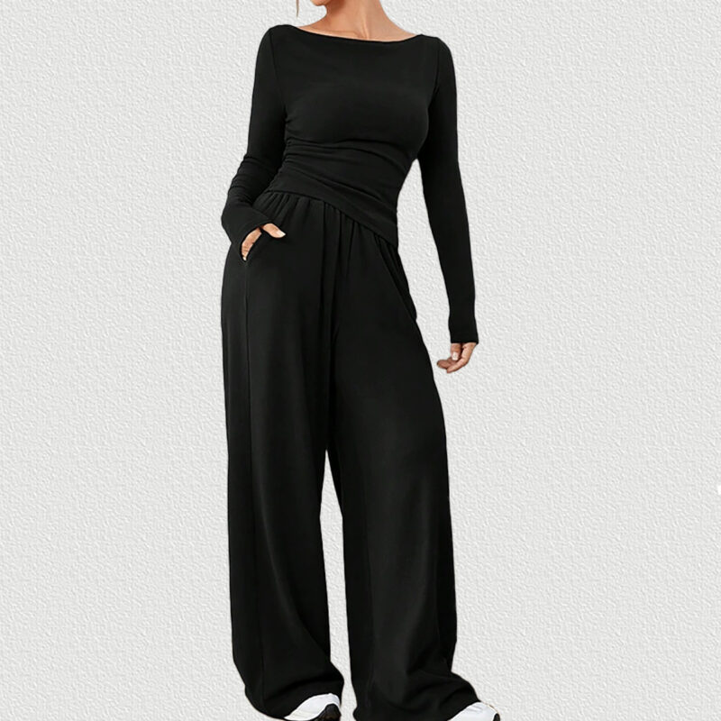 Black Women Loose Wide Leg Pants 2-Piece Set