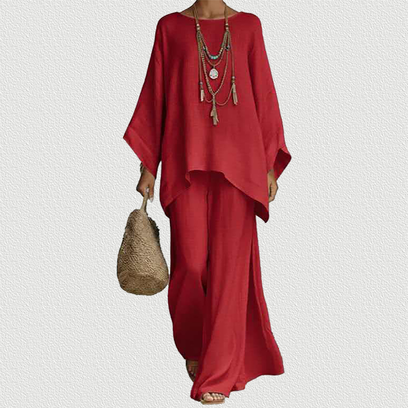 Red Linen Blend Shirt & Wide Leg Pants Set