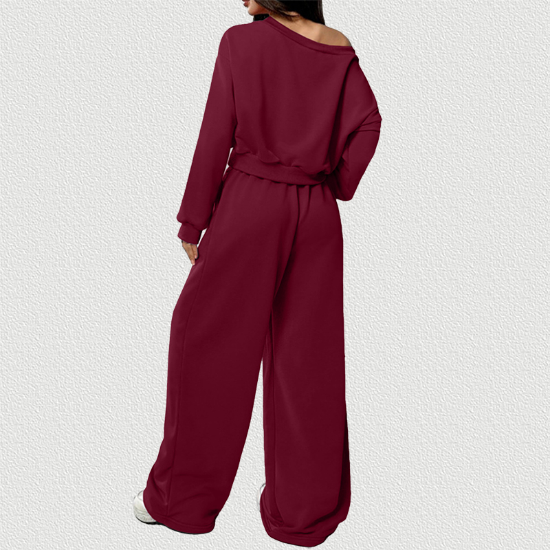 Off‑Shoulder Fleece Set Burgundy Back View