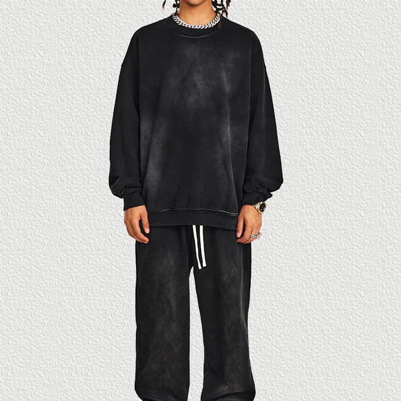 Black Crew Neck Sweatshirt Tracksuit Set