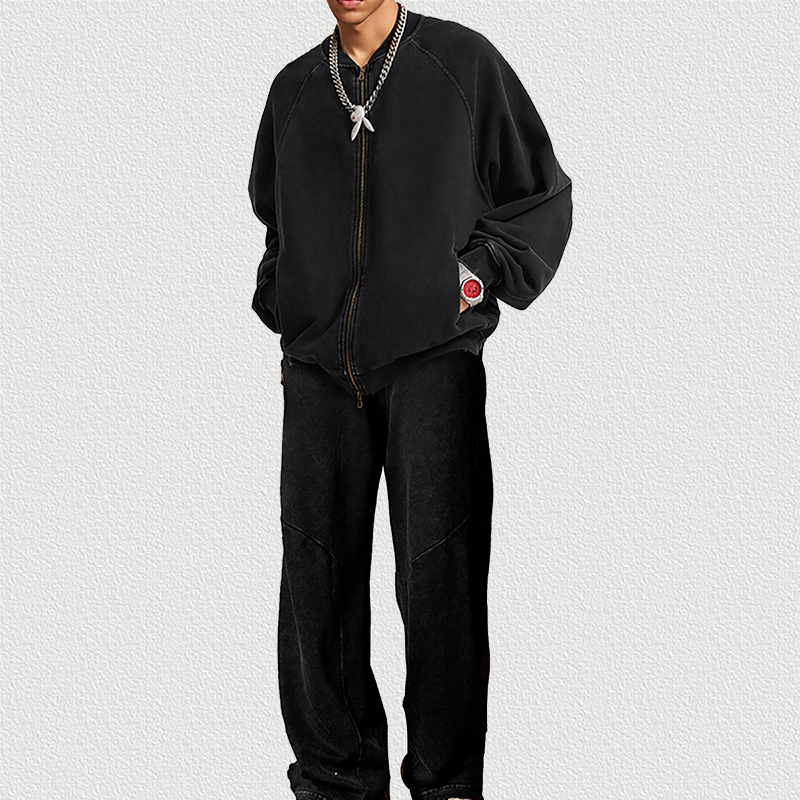 Vintage Washed Black Baseball Jacket Set, Tracksuit