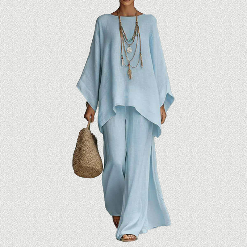 Light Blue Linen Blend Shirt & Wide Leg Pants Set