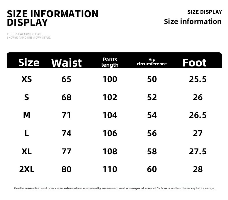 Cargo Pants Size Chart Waist Hip Inseam Foot Measurements OEM ODM2. 标题(Title)
Cargo Pants Size Information
3. 说明文字(Caption)
Size chart for custom camo cargo pants.