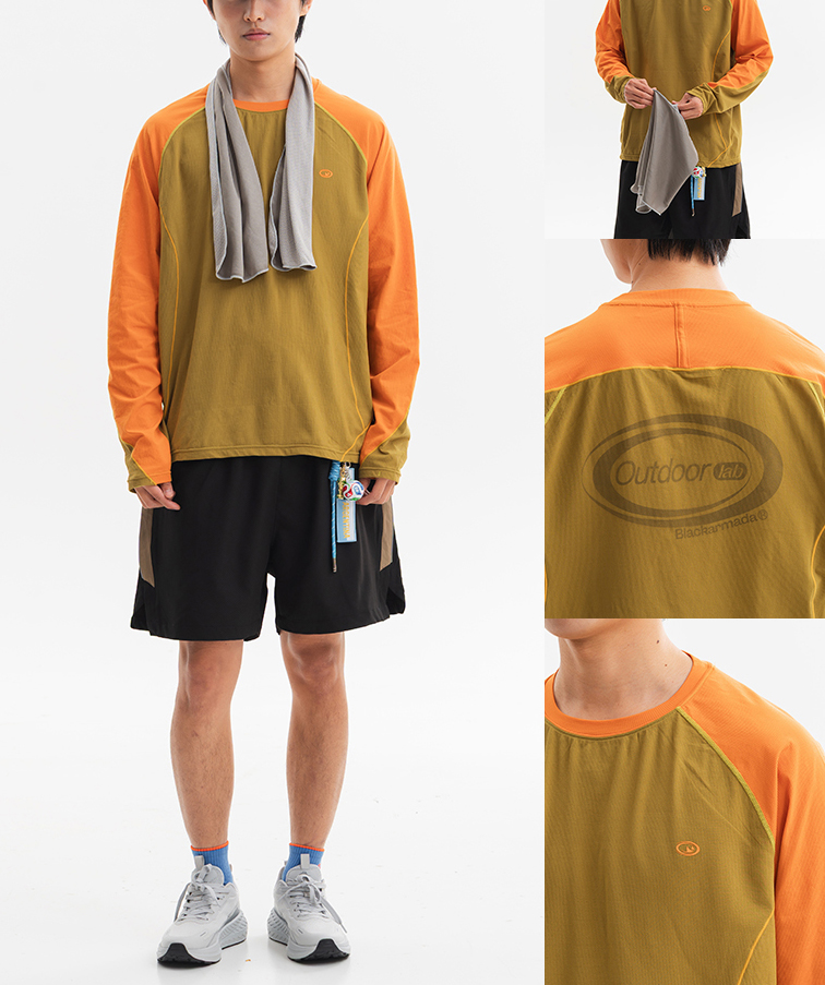 Men's orange and brown raglan t-shirt, front and back views