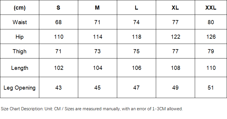Pants size chart