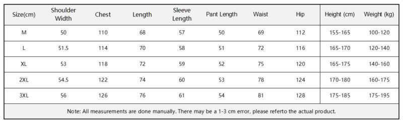 Ice Silk Set Size Chart
