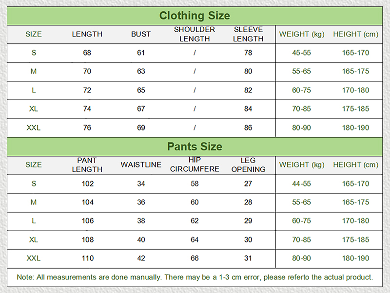 Vintage Washed Tracksuit Size Chart, Jacket and Pants Measurements
