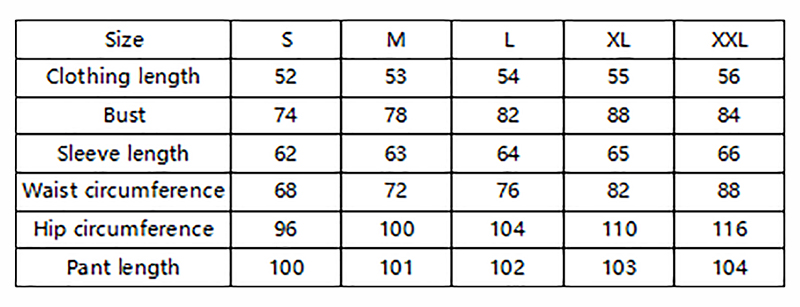 Women 2-Piece Set Size Chart