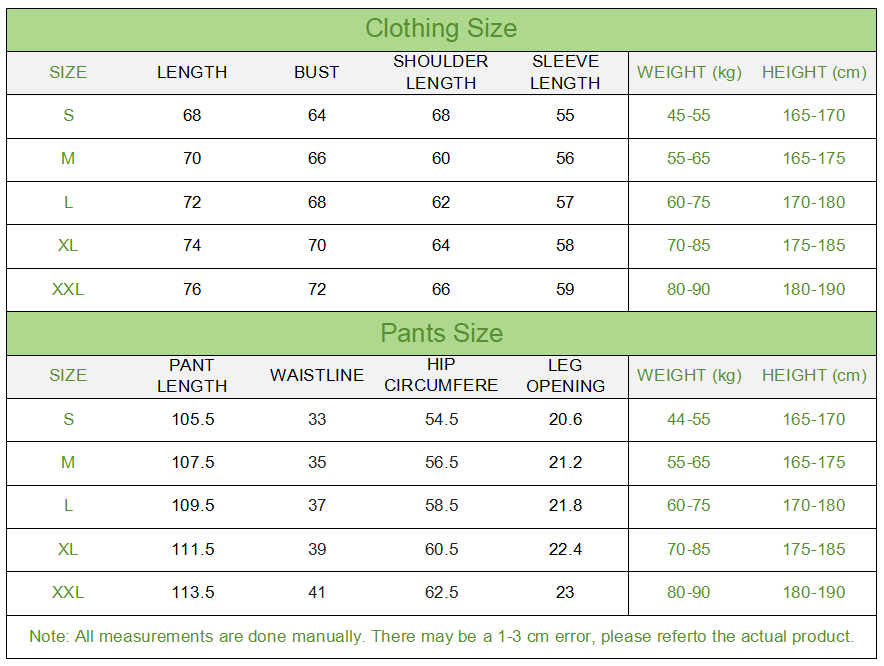 Tracksuit Size Chart, Sweatshirt & Pants Size Guide