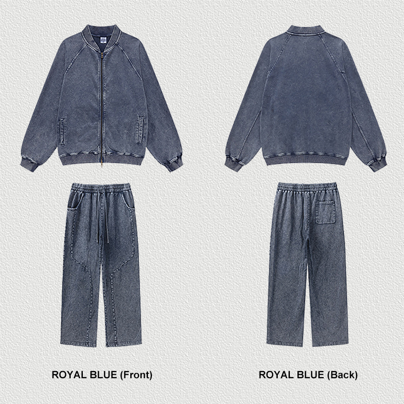 Royal Blue Vintage Washed Tracksuit Set, Front and Back View