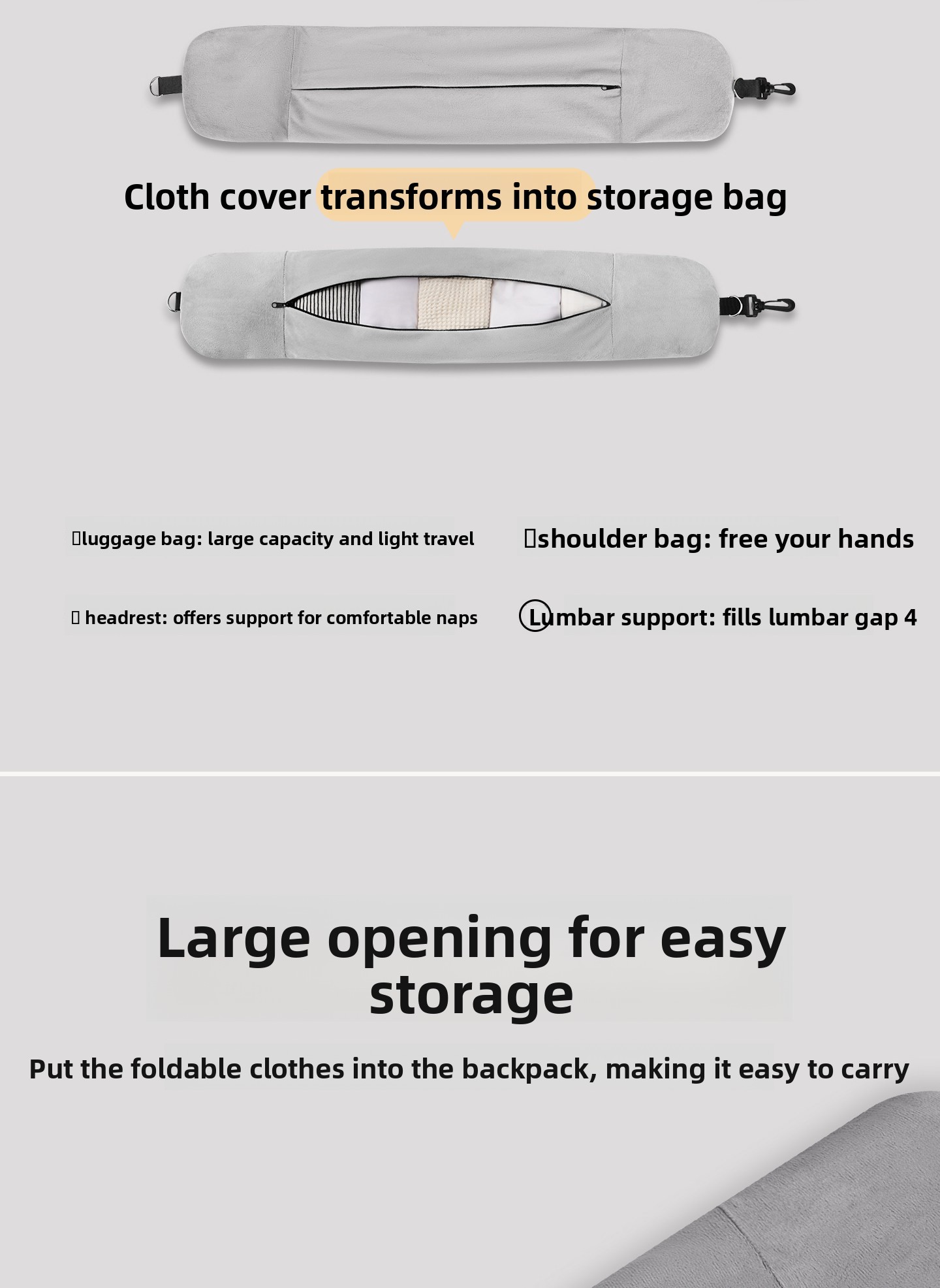 Travel pillow large opening for easy storage