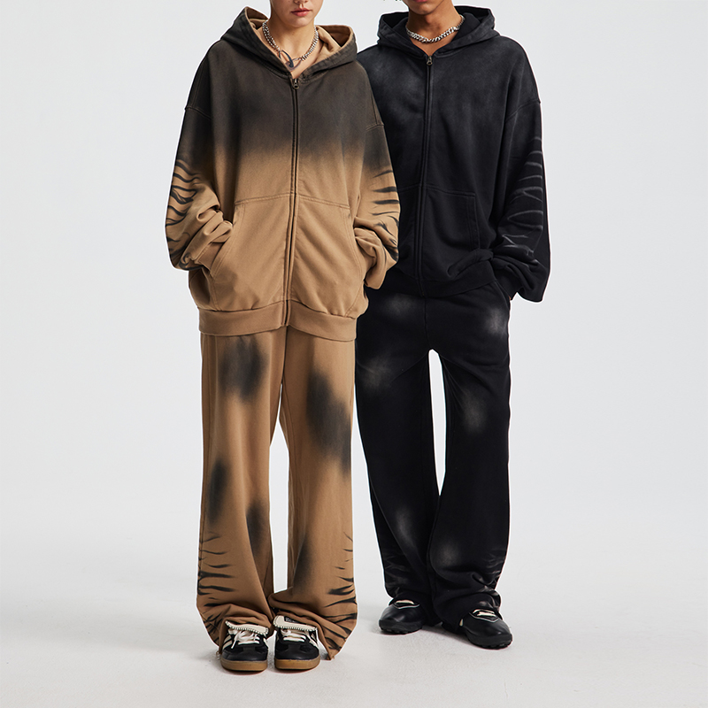 Couple vintage gradient spray washed zip hoodie two piece tracksuit, Coffee & Black